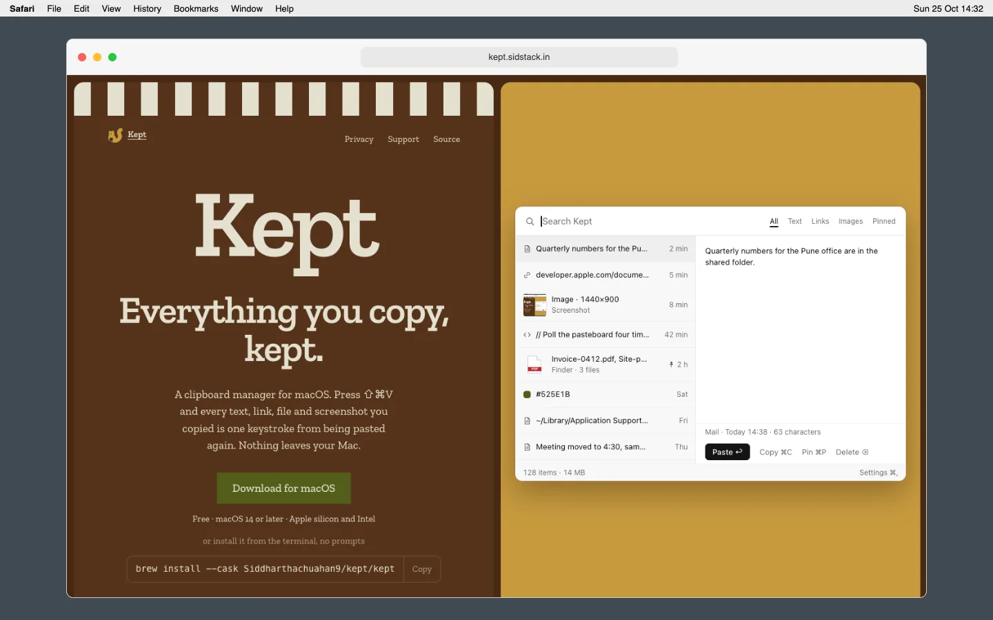 A screenshot of the kept.sidstack.in page open in Safari